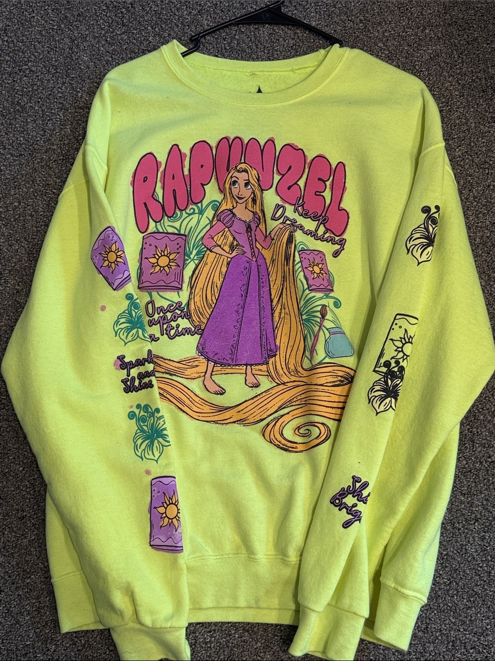 Disney Rapunzel Graphic Sweatshirt - Neon Yellow with Purple Print